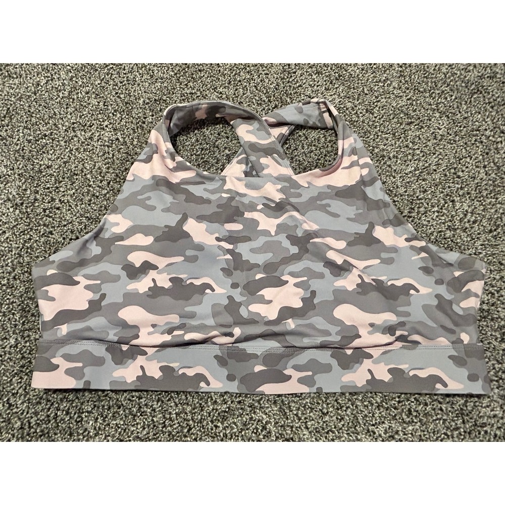 A24 Fabletics 3X High Neck Sports Bra Camo Pink Gray Criss Cross Back Activewear